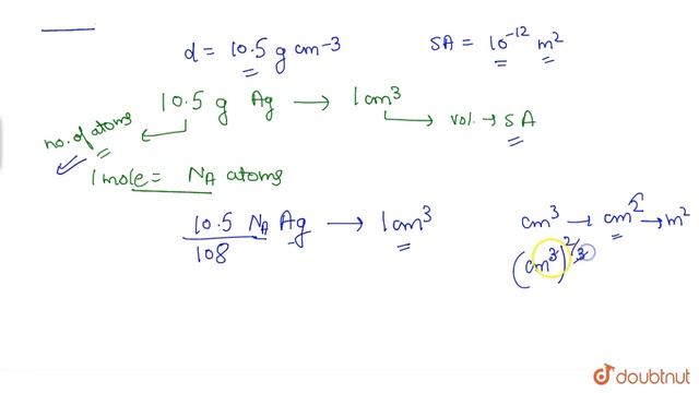 Silver (atomic weight `108 g mol^(-1))` has a density of `10.5 g cm^(-3)`. The number of silver ...