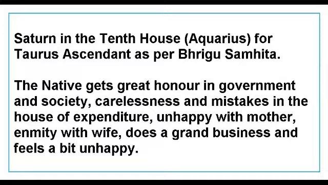 Saturn in the Tenth House for Taurus Ascendant as per Bhrigu Samhita
