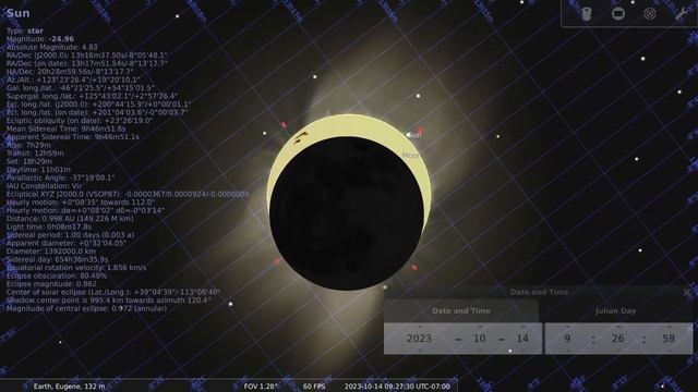 2023-10-14.  Annular solar eclipse (Stellarium; POV: Eugene, Oregon)