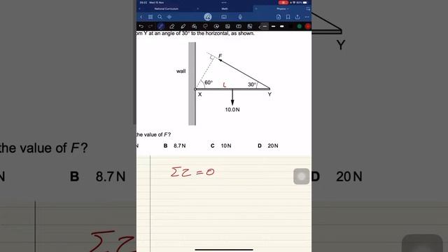 9702/12/M/J/23. A uniform rod XY of weight 10.0 N is freely hinged to a wall at X. It is held hori…