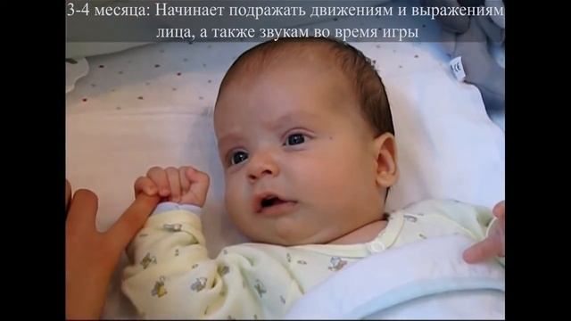 Начинает подражать движениям и выражениям лица, а также звукам во время игры
