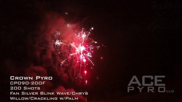 CP090-200F  Crown Pyro  200 Shots Fan Silver Blink Wave Chrys Willow Crackling w/Palm