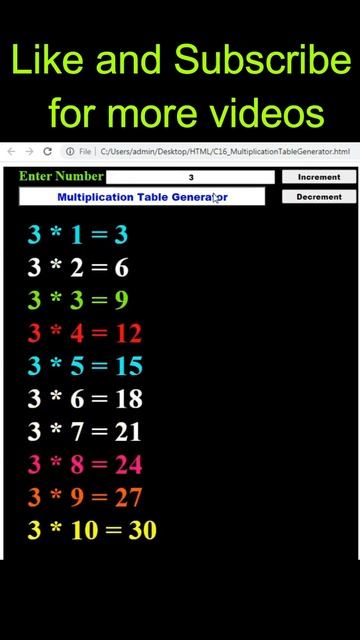 HTML, CSS and JavaScript Code to Generate Multiplication Table #shorts