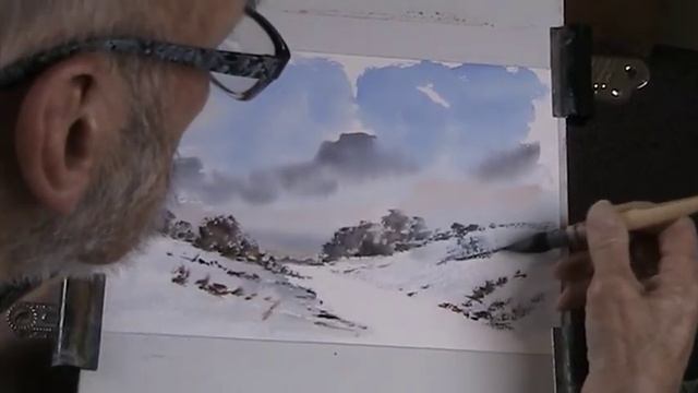 Simple snow scene, one brush painting with a squirrel mop