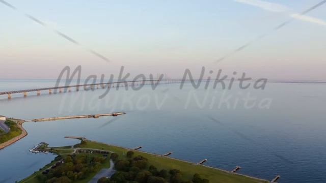 Oresund bridge. A long tunnel bridge with an artificial island between Sweden and Denmark., Aerial