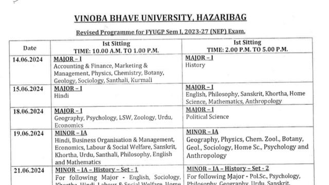 Fyugp semester 1 Exam date।। vbu semester 1 exam date 2023 - 27।। Semester 1 Examination date Notic