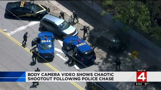 Body camera video shows chaotic shootout following police chase