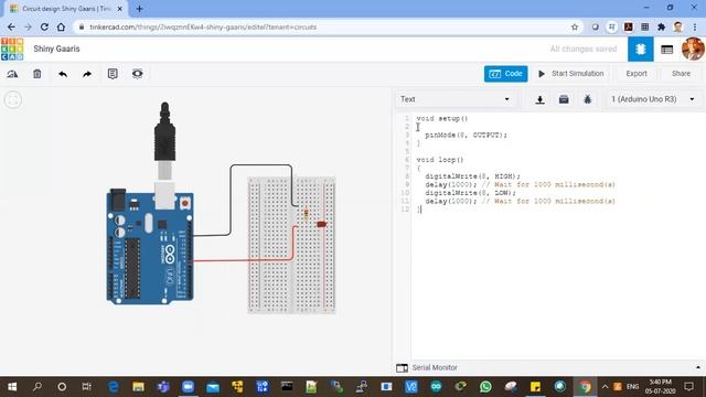 IOT Lab1 Demo2  Arduino TinkerCAD LED Blinking and Code Blocks Language Programming