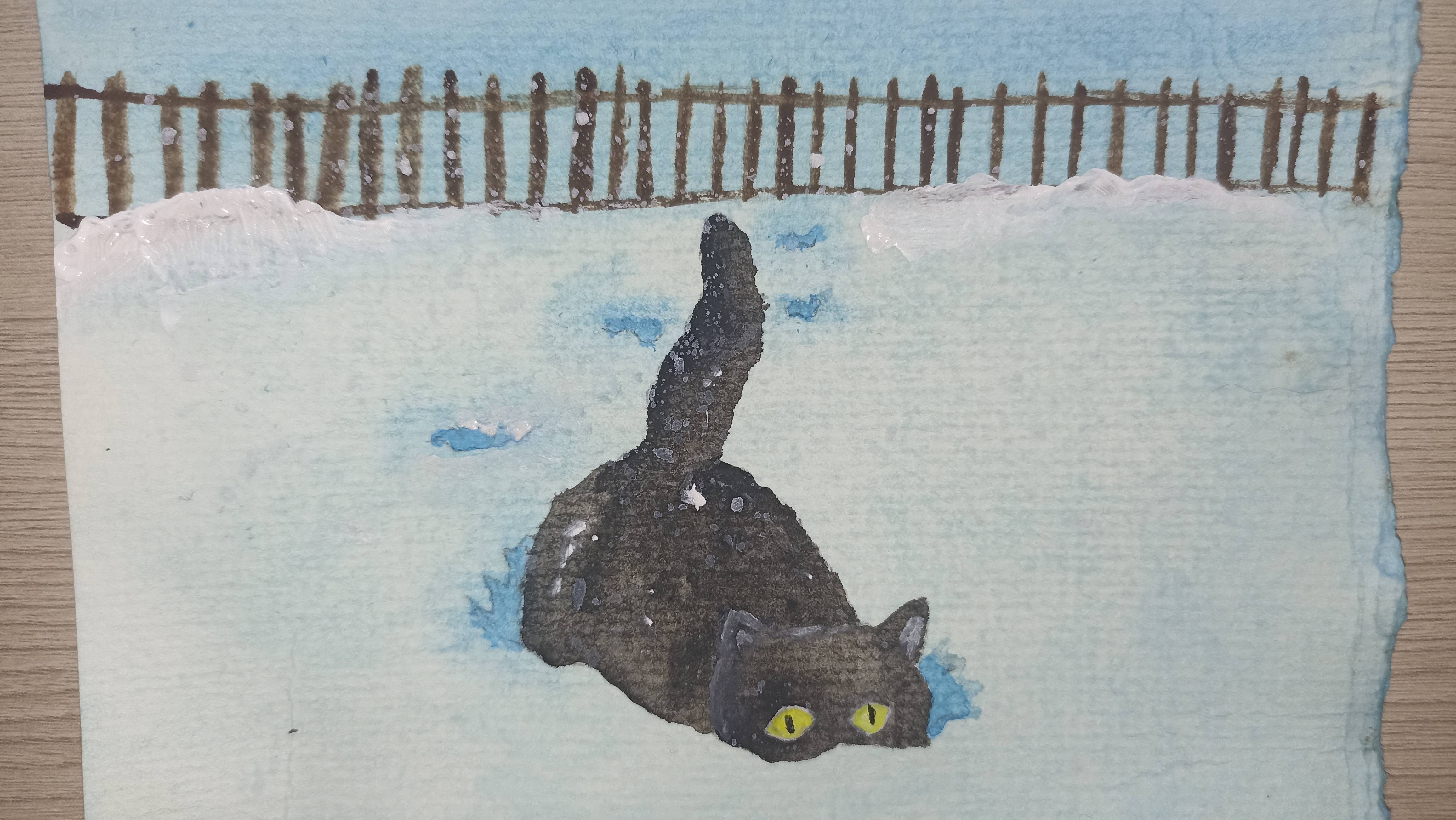 Рисунок акварелью / Котик в снегу