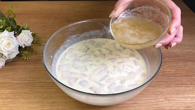 Whisk condensed milk with peaches! Everyone likes this dessert! NO BAKING!