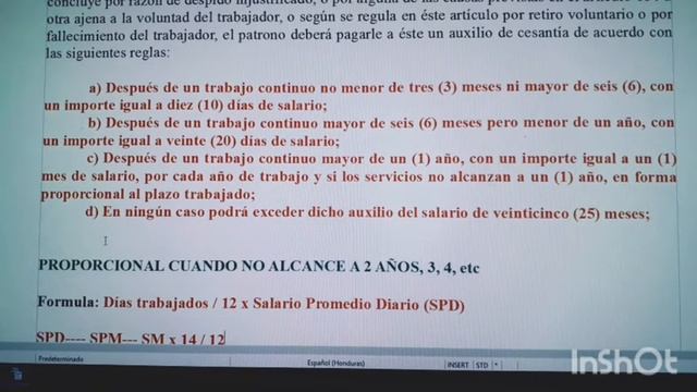 Cesantía y cesantía proporcional. Art. 120 Codigo de Trabajo de Honduras