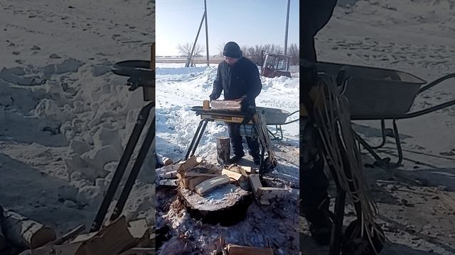 сын дрова колет на электра колуне