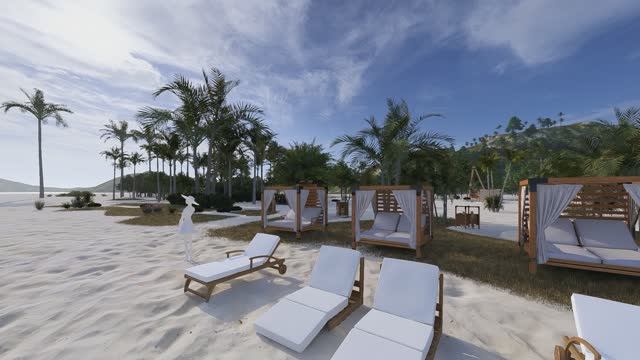 Пляж, палатки, костёр, кушетки.