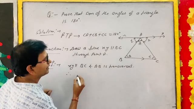 Prove that the sum of the angles of a triangle is 180°