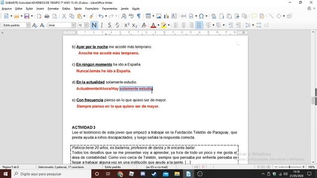 Aula ESPANHOL 7º ANO - 22/05 Gabarito Adverbios de tiempo