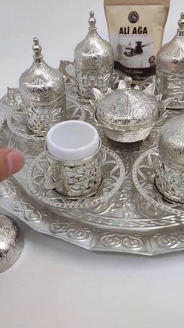 Металлический набор чашек для кофе. (Серебристый) Metal Kahve Takimi 6 kisilik tepsili.