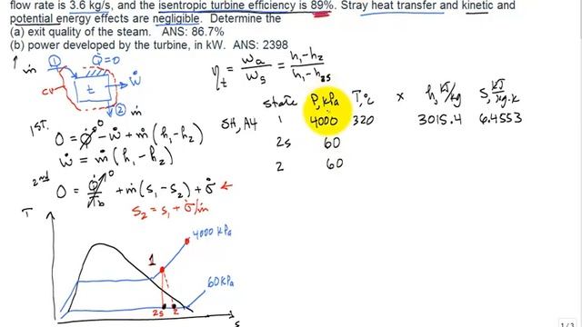 me3293 steam turbine with isentropic efficiency calc exit quality and power