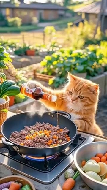 кот готовит