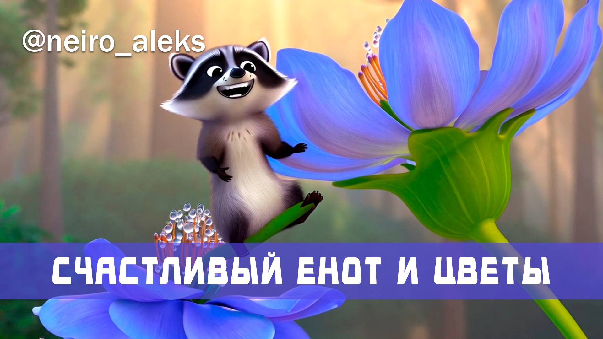 Счастливый енот и цветы. Счастье есть. Мечты сбываются. Нейросеть создает мультфильм.