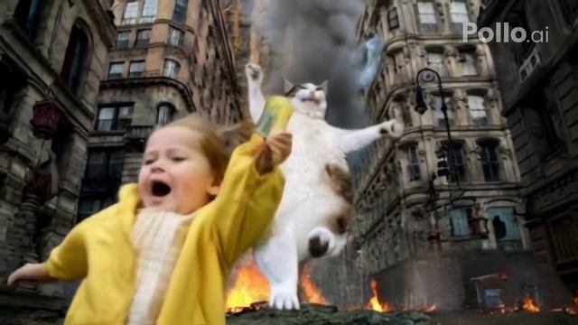kids run scared from giant cat in burning city