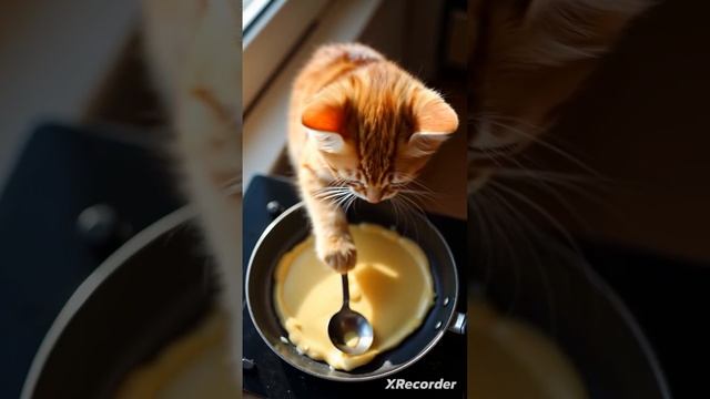 Кошка готовит и ждёт своего любимчика