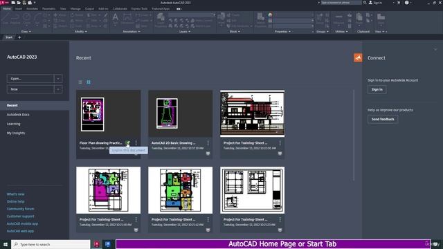 4. AutoCAD Home Page or Start Tab