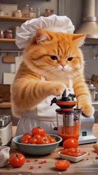 Рыжий кот готовит кушать