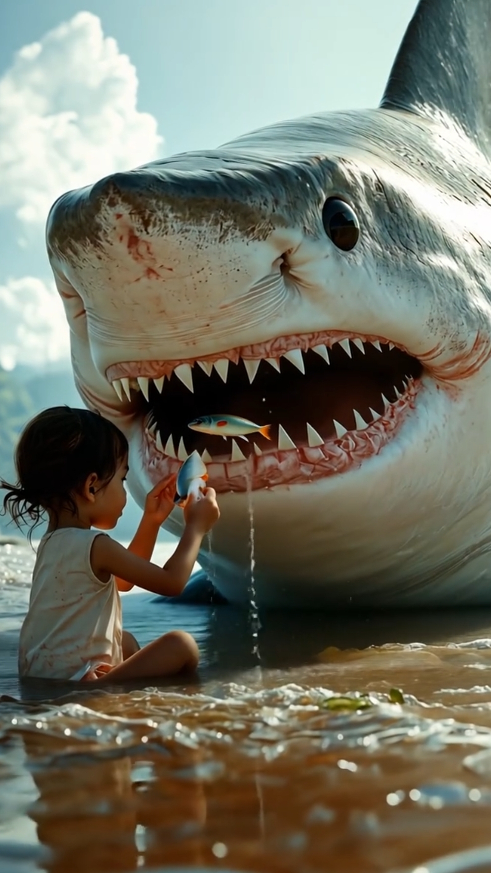 Девочка кормит акулу