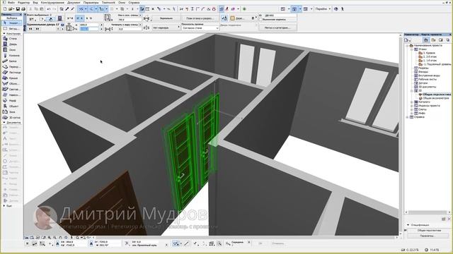 4 Размещаем дверные проёмы в конструкции стен жилого помещения с использованием программы Archicad