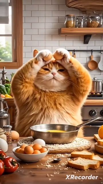 Желтый кот купают и кормит собаку