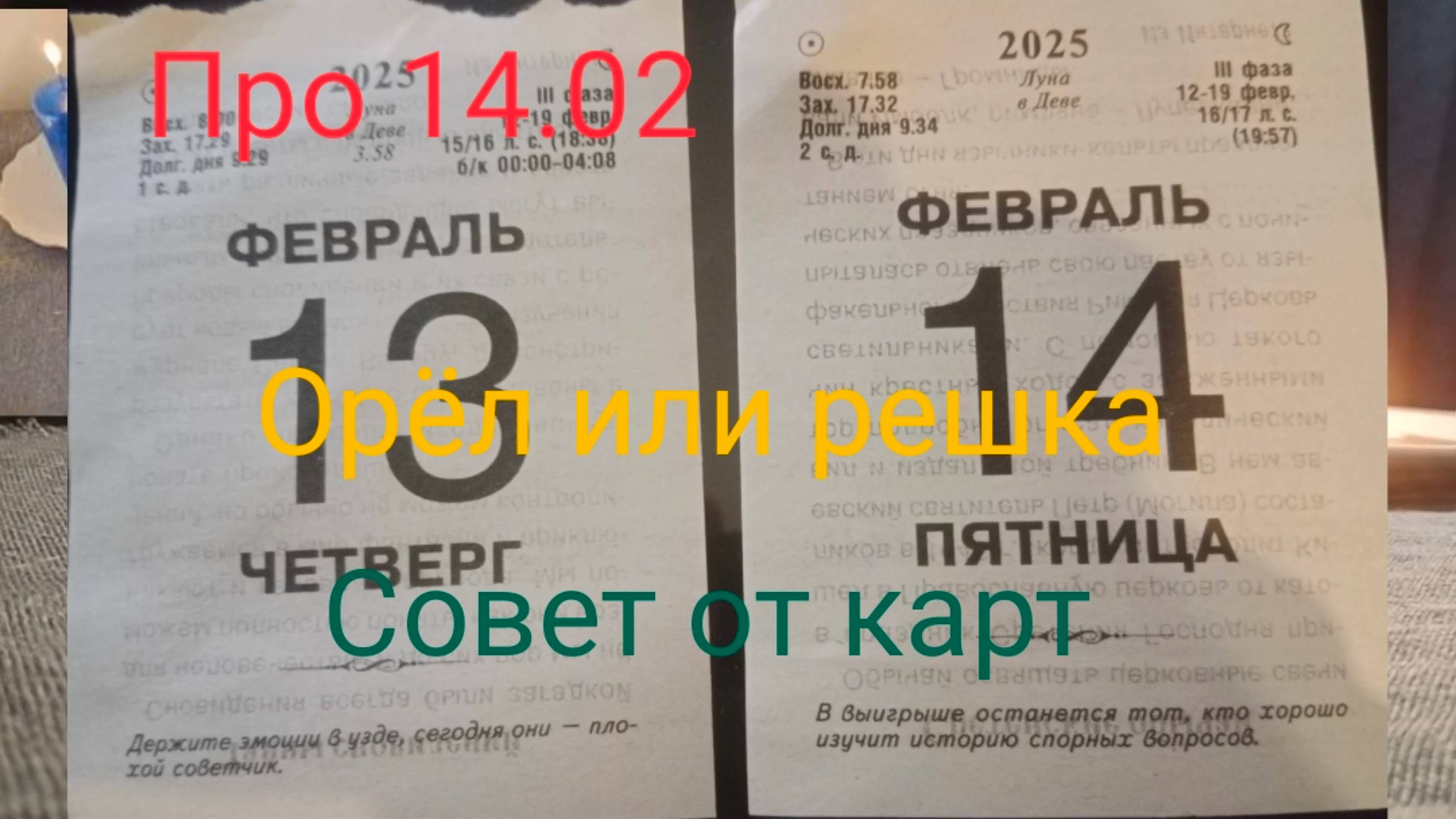 Про 14.02;
Орёл или решка;
Совет от карт.