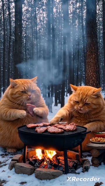 Кошки сидят в лесу жарить шашлык