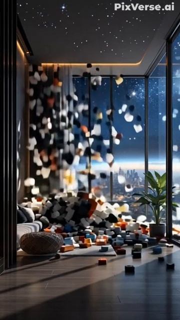 The [OBJECT] shatters into pieces of Legos
