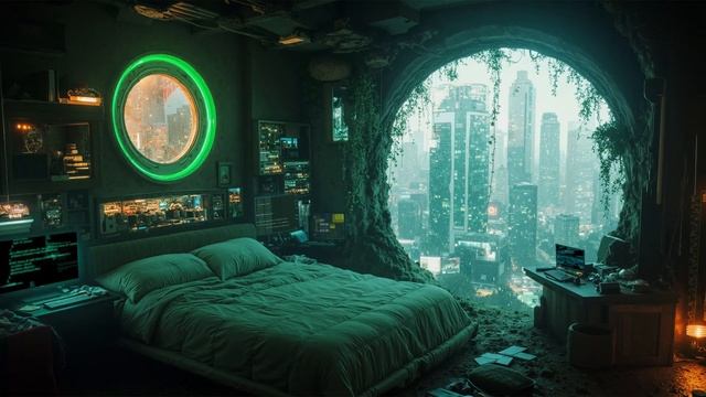 Secret Alcove Haven on Cyberpunk City Relaxation in Deep Space