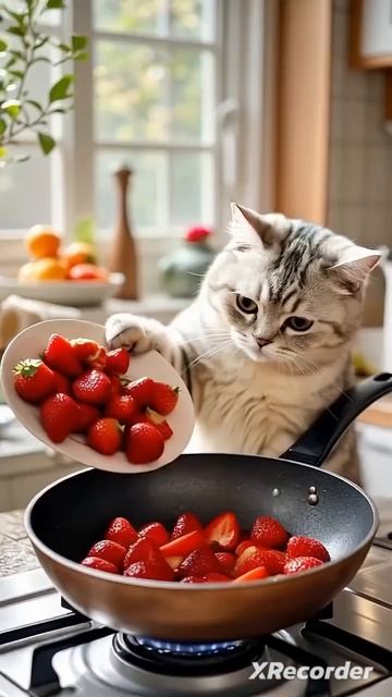 Наш серые кот готовил клубничные варение