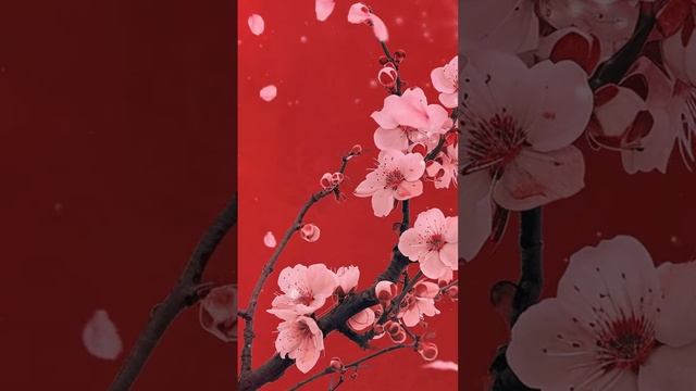 Cherry Blossoms On A Red Background