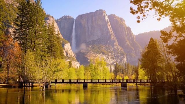 4K UHD Йосемитский водопад осенью Золотой час 6-часовая атмосфера реки Мерсед для сна и отдыха