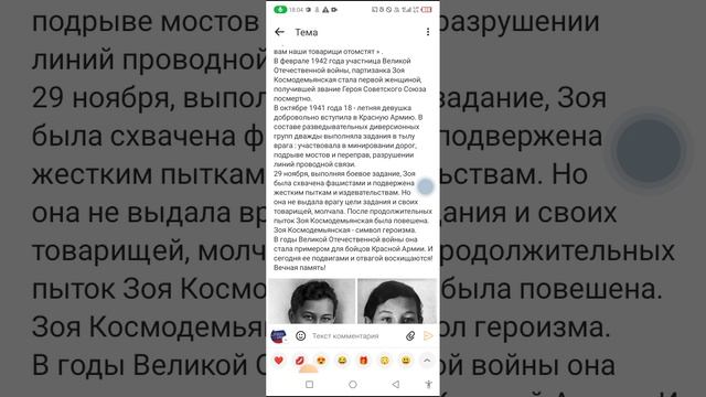 История участницы Великой Отечественной войны, партизанки Зои Космодемьянской