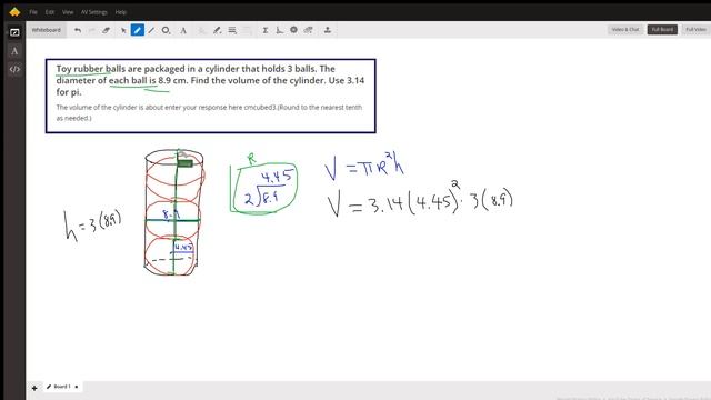 Given the diameter of a toy rubber ball, find volume of a cylinder that holds 3 of them.