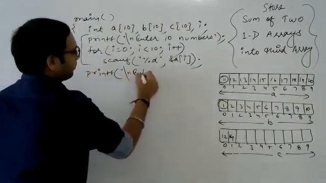 Store Sum of two 1-D arrays into third array in C language | C programming video tutorials series