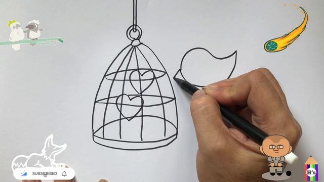 How To Draw a Cute Bird and a Cage | Bolalar uchun yoqimli qush va qafas rasm chizish