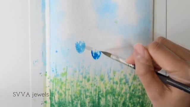 Spring Watercolor: Flower Field Blue Tulips & Butterfly - No Drawing, Watercolor Demo