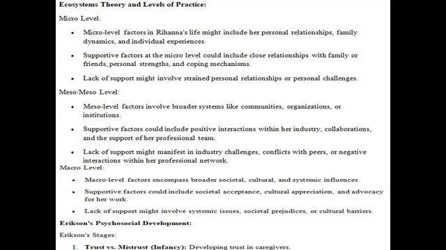 Apply the ecosystems theory and identify the micro, mezzo or meso, and macro levels of practice