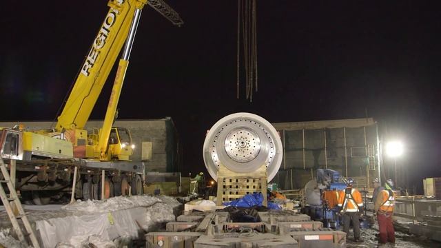 Installation of the first of four 8-megawatt (MW)  turbines at Chaudière Falls