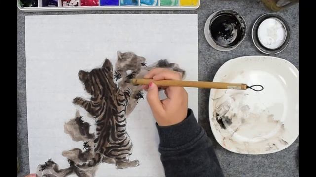 141 How to draw a cat in Chinese brush painting   中国画如何画猫和竹林
