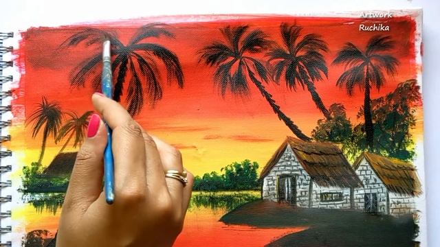 Scenery Drawing and Painting / Village Scenery Painting / Sunset Landscape Painting