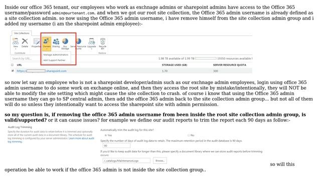 Is it safe/supported operation to remove the Office 365 admin from being our root site...