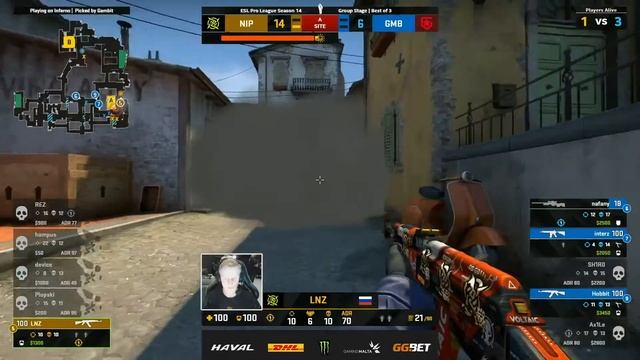 Нереальный 1vs4 клатч от LNZ на Инферно, Gambit vs NIP, ESL Pro League Season 14