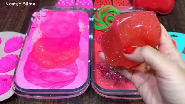 PINK STRAWBERRY vs WATERMELON I Mixing random into Glossy Slime I Satisfying Slime #623