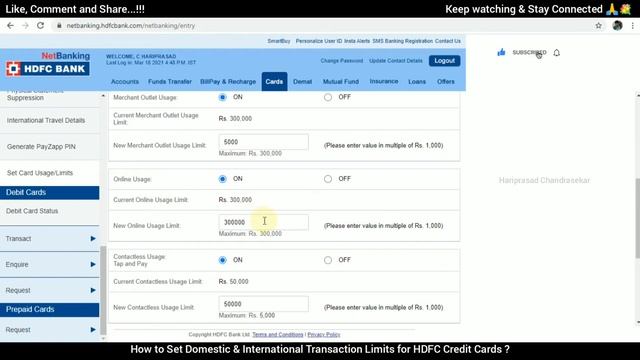 Set Domestic & International Transaction Limits for HDFC Credit Cards ? Merchant & Online